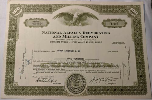 National Alfalfa Dehydrating Milling Company 100 Shares Stock Certificate 1965