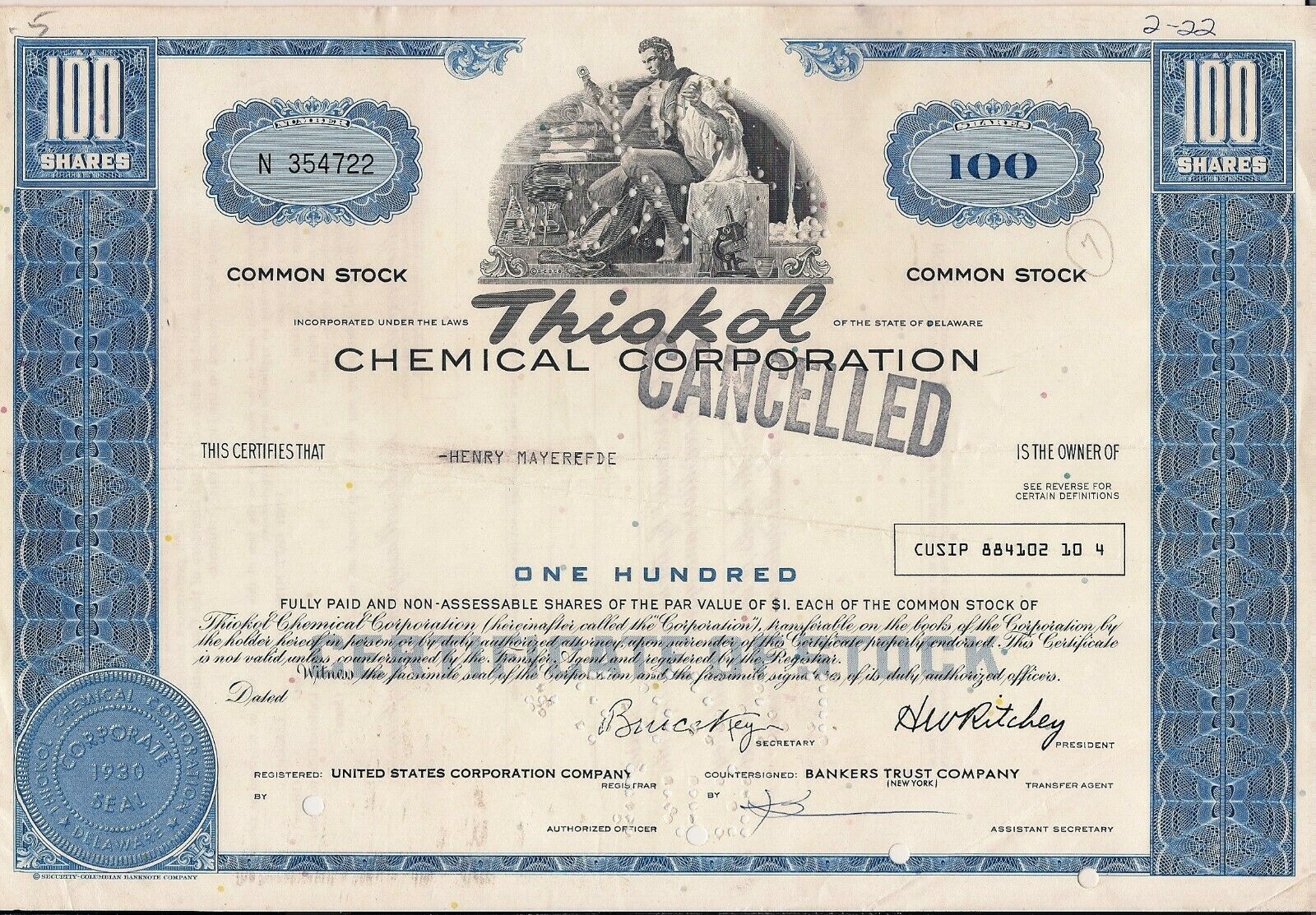 Stock Certificate Thiokol Chemical Corporation State Of Delaware
