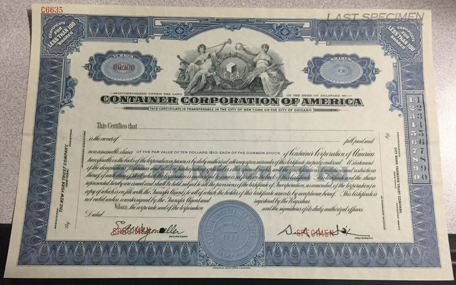Specimen Certificate. Container Corporation Of America. American Bank Note