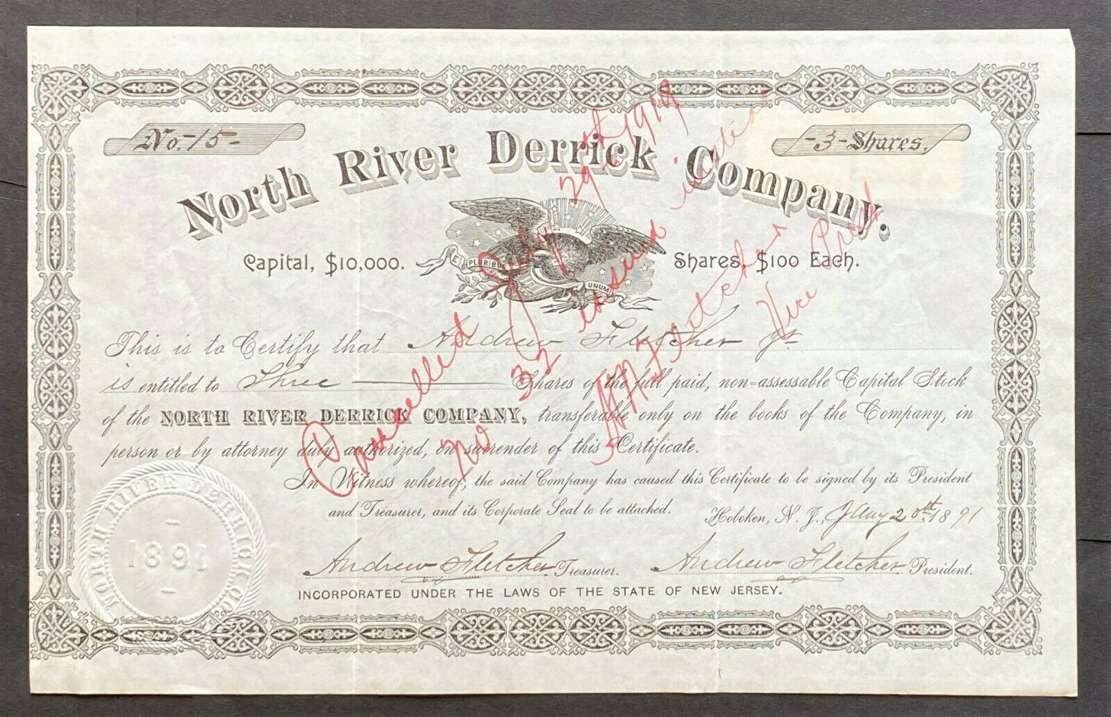 North River Derrick Co Stock 1891 Hoboken, Nj W&a Fletcher Iron Works Hudson Riv