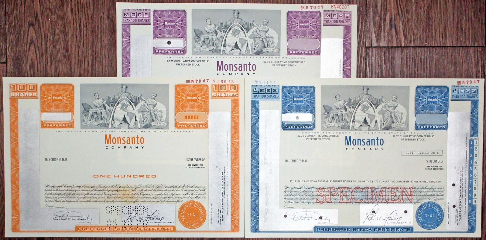 Monsanto Co. Specimen Stock Certificate Lot Of 3 Different, Ca.1960-70's Unc (3)