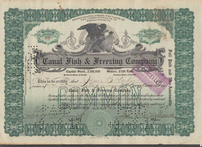 Canal Fish & Freezing Co Stock Certificate Sandwich Ma 1918 2 Transfer Stamps