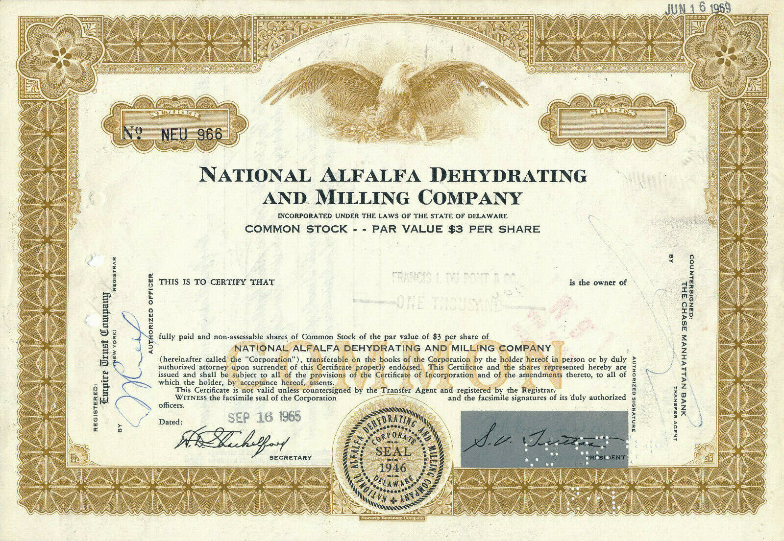 National Alfalfa Dehydrating And Milling Company Stock Certificate